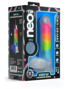 NEO ELITE GLOW IN THE DARK RAINBOW RAVE 6.5 INCH SILICONE DUAL DENSITY DILDO MULTICOLORED 2
