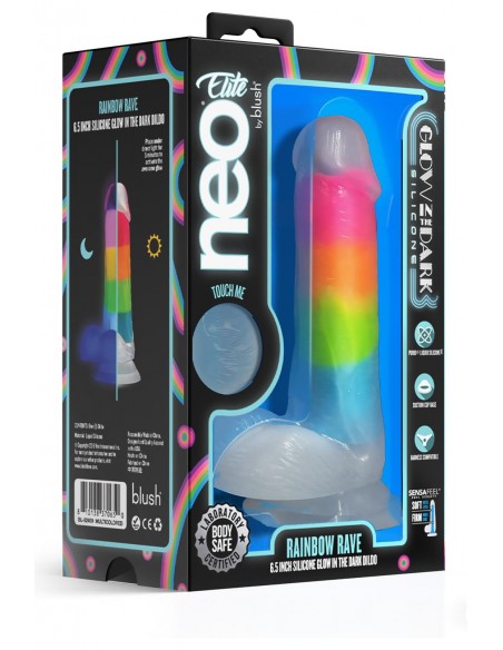 NEO ELITE GLOW IN THE DARK RAINBOW RAVE 6.5 INCH SILICONE DUAL DENSITY DILDO MULTICOLORED